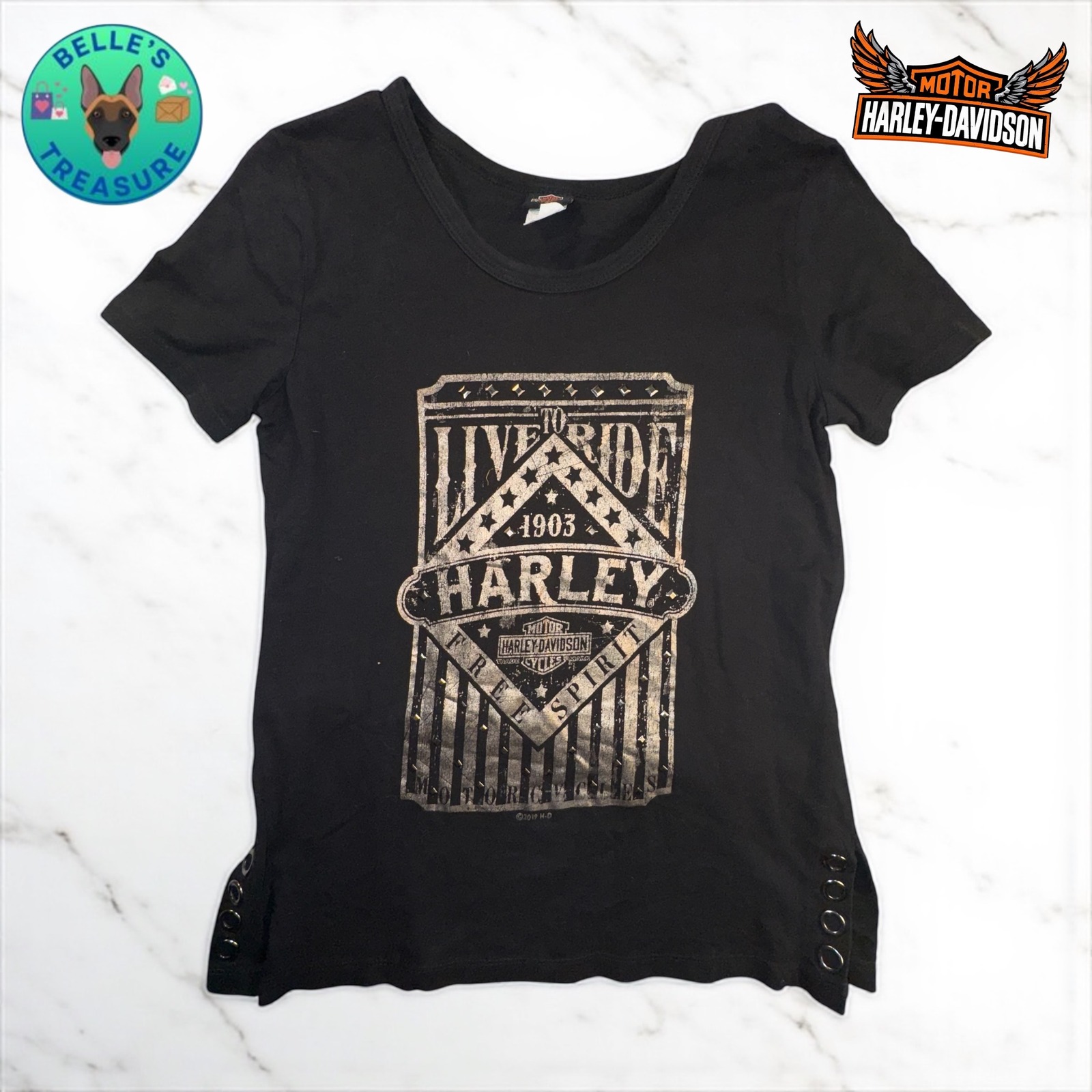 Harley Davidson Womens Small Black Studded T Shirt Top Live Ride Free Spirit